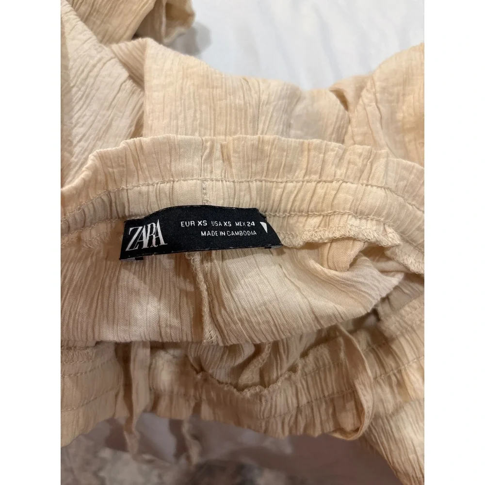 Zara Womens Beige Crinkle Gauze‎ Wide Leg Pants Elastic Waist Drawstring XS